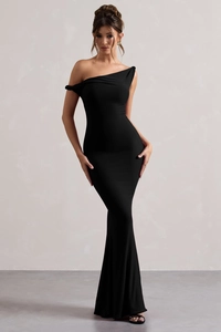 Close-up of the elegant one-shoulder black slim fit evening dress with a fishtail hem