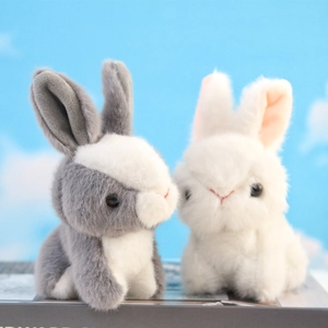 Cute gray and white plush rabbit dolls sitting on books with a blue sky background