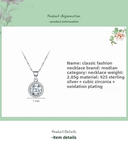 Detailed technical view of 925 silver necklace with 1.1cm cubic zirconia pendant weight 2.85g