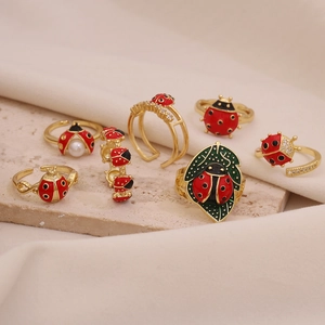 Cute Ladybug Open Adjustable Ring Copper Enamel Insect Animal Zircon Fashion Jewelry For Women