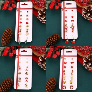 Christmas Earring Set For Women Santa Claus Reindeer Tree Snowflake Enamel Alloy Rhinestone Festive Jewelry Accessory