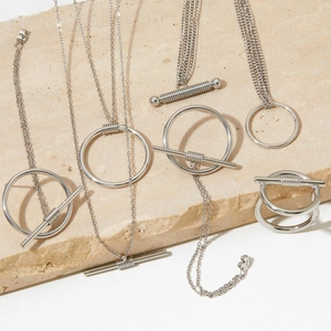 Minimalist silver stainless steel OT buckle necklace and geometric ring jewelry set
