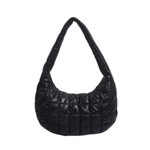 Minimalist black quilted shoulder bag with glossy finish shown from a frontal view