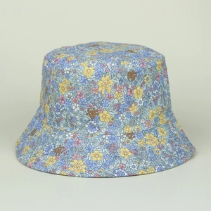 Detailed view of light blue floral bucket hat showing delicate stitching and fabric texture