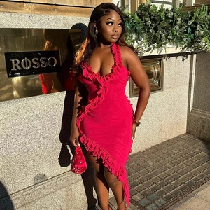 Sexy rose red V-neck halter dress with ruffle hem and open back for summer fashion