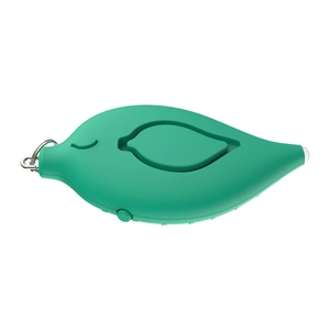 Macro shot of green leaf-shaped personal safety alarm with keychain ring and side button