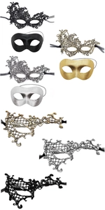 Detail of assorted Halloween lace masquerade masks in black gold and silver finishes