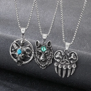 Vintage Edelstahl-Anhänger mit Pentagramm-Widderkopf, Wolfskopf und Bärenkralle