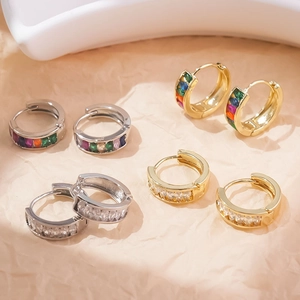 Chic brass geometric C-shaped earrings with colorful and white zircon in gold and silver
