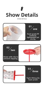 Detail showing food grade PP material, anti-slip straw and leak-proof lid design