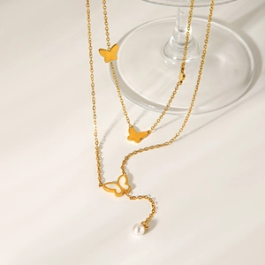 French style double-layer 18K gold butterfly necklace with pearl pendant and steel chain