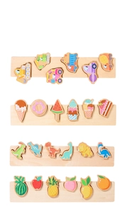 Detailed view of four colorful wooden peg puzzles featuring vehicles, desserts, and fruits