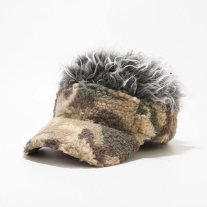 Detail of winter camouflage fleece baseball cap featuring a unique grey curly wig top