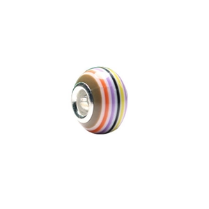 Close-up of multicolored striped resin beads with silver metal core for DIY jewelry