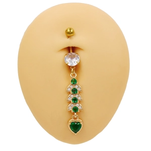 Golden belly button ring with emerald green heart pendant and marquise zircon on skin