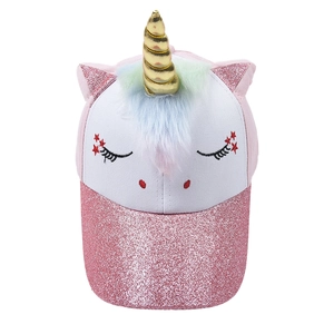 Close-up of unicorn baseball cap with pink sequins, golden horn and embroidery details