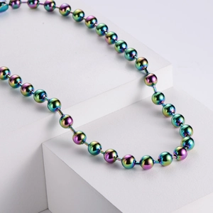Rainbow plated stainless steel ball chain necklace with iridescent metallic finish