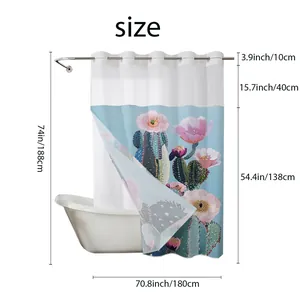 Detailed shower curtain size chart showing 180x188 cm dimensions with cactus floral pattern