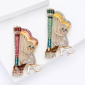 Creative harp playing cat brooch with golden alloy, enamel inlay and shiny rhinestones