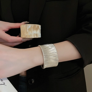 Minimalist wide geometric metal cuff bracelet with brushed texture for women in gold and silver