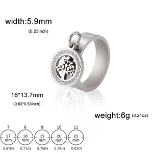 Titanium steel ring with zircon outer band and tree pendant showing size measurements