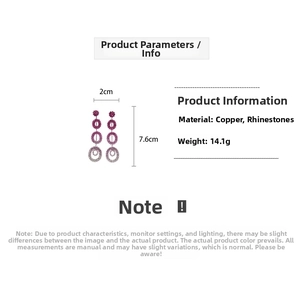 Detail showing gradient purple rings dangling from flower stud earrings with dimensions
