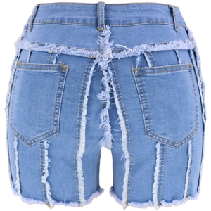 Slim fit high waisted denim shorts for women with deconstructed fringe patchwork design
