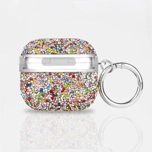 Detailed macro view of colorful rhinestones on AirPods Pro case with silver metal loop