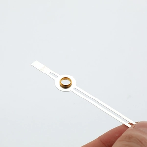 Minimalist aluminum clock hands with copper bushings and silver metallic finish