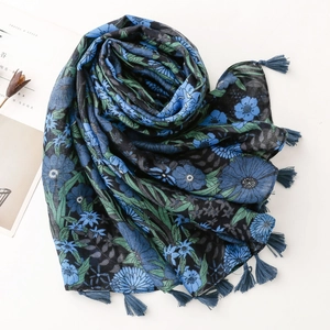 Vintage dark blue floral print cotton-linen scarf with elegant fringe tassels