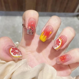 Summer Fruit Lemon Grapefruit Press On Nails Red Pink Gradient 3D Embossed Glitter Rhinestones Sweet Cute False Nails ABS Tips