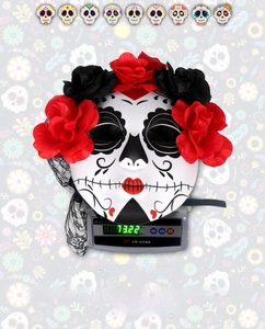 Detailed view of lightweight Day of the Dead mask with red roses and black lace trim
