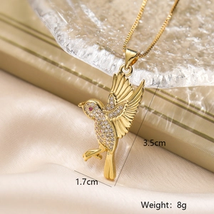 18K gold plated bird pendant necklace with sparkling zircons, 3.5cm height size guide