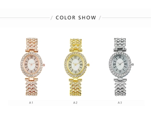 Three oval crystal-encrusted women's watches in rose gold, gold, and silver finishes