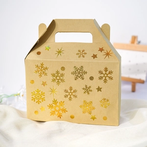 Detail of kraft paper gift bag with metallic gold snowflake and star patterns for Christmas