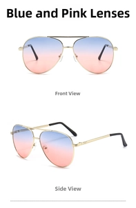 Front and side views of gold-framed aviator sunglasses with blue-pink gradient lenses