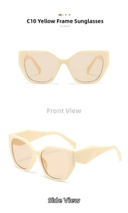 Front and side views of beige cat-eye sunglasses with tea lenses on white background