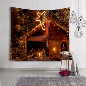 Detail of Nativity scene tapestry with baby Jesus on a white brick wall for home decor