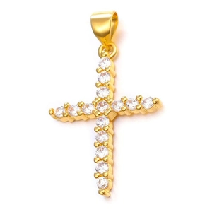 Detailed macro view of a gold-plated cross pendant featuring sparkling zircon inlay