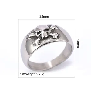 Vintage stainless steel skull and crossbones pirate ring with 22mm by 24mm dimensions