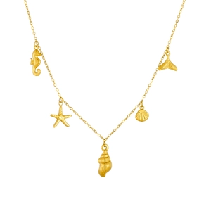 Gold plated thin chain necklace featuring starfish, seahorse, and seashell ocean pendants