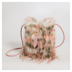 Detail of colorful faux fur texture with pink leather strap and gold metal buckle