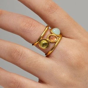 French vintage gold plated stainless steel ring with three colored natural stones
