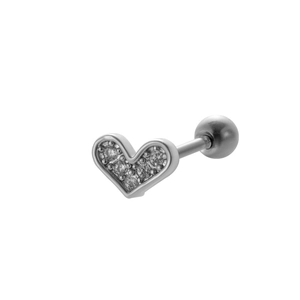 Macro shot of silver heart screw-back earring with sparkling zircon inlays on white