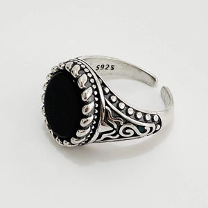Retro Black Agate Adjustable Open Ring 925 Sterling Silver Vintage Engraved Oval Gemstone Antique Korean Style Jewelry