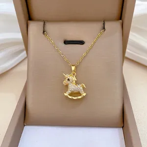 Unicorn Rocking Horse Pendant Necklace Gold Plated Copper Micro Inlaid Zirconia Stainless Steel Chain Elegant Accessory