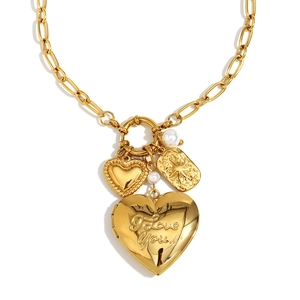 18K gold plated stainless steel layered necklace with heart charms and pearls