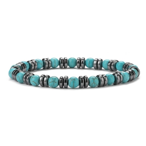 Mens 8mm turquoise beaded bracelet with grey metal spacers on a white background