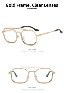 Detailed front and side views of gold polygonal metal frame sunglasses with clear lenses