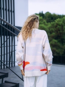Oversized knitted sweater with artistic coconut palm and colorful cloud jacquard pattern